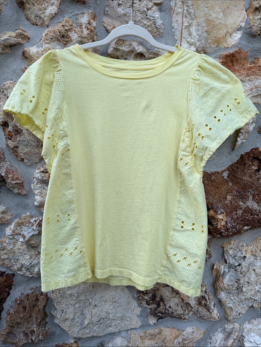 LOFT yellow eyelet flutter sleeve top